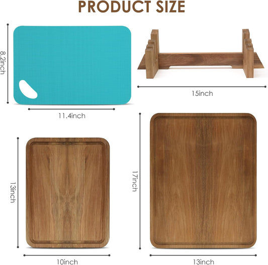 Set of 7 Large Acacia Wood Cutting Boards set,2-in-1Charcuterie Chopping Board & Butcher Block for Kitchen with Holder,Juice Groove,4 Color-Coded Plastic Cutting Boards for Meat,Vegetables and Cheese