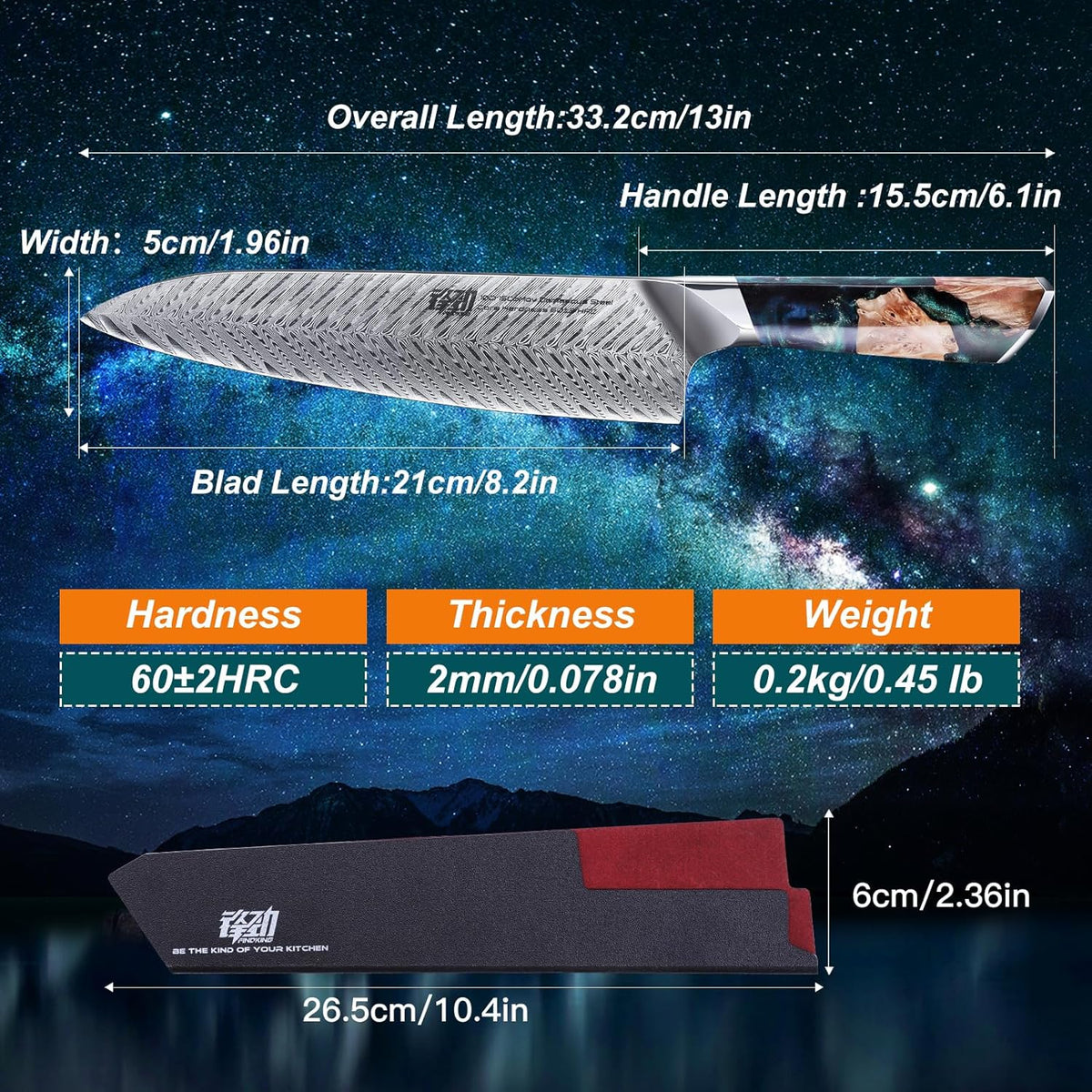 Nebula Series Chef Knife with ABS Sheath, Multipurpose Japanese Gyuto Knife, 10Cr15CoMov Damascus Steel Blade, Resin and Figured Sycamore wood Handle, Full Tang, 8 Inch, Blue, for Meat