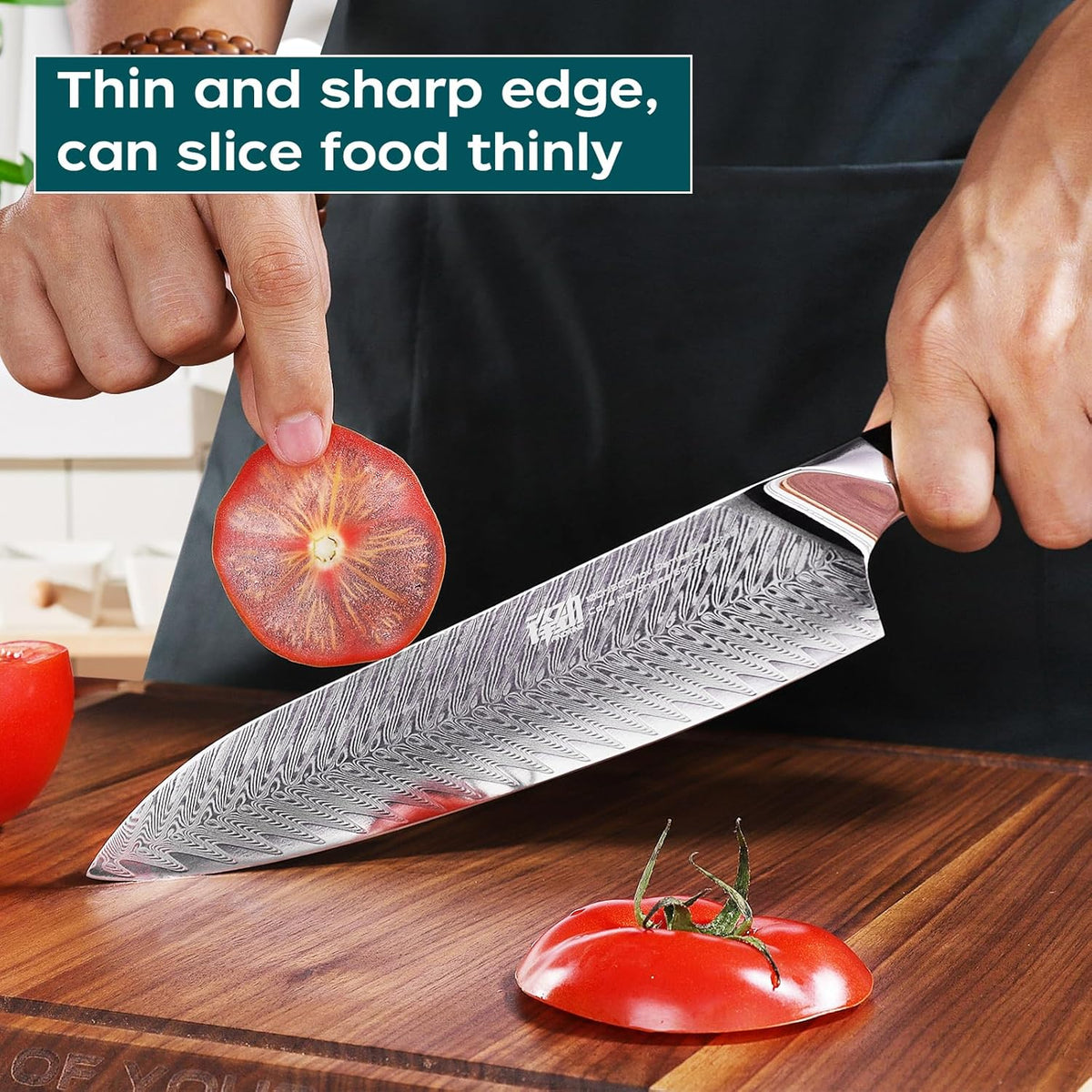 Nebula Series Chef Knife with ABS Sheath, Multipurpose Japanese Gyuto Knife, 10Cr15CoMov Damascus Steel Blade, Resin and Figured Sycamore wood Handle, Full Tang, 8 Inch, Blue, for Meat
