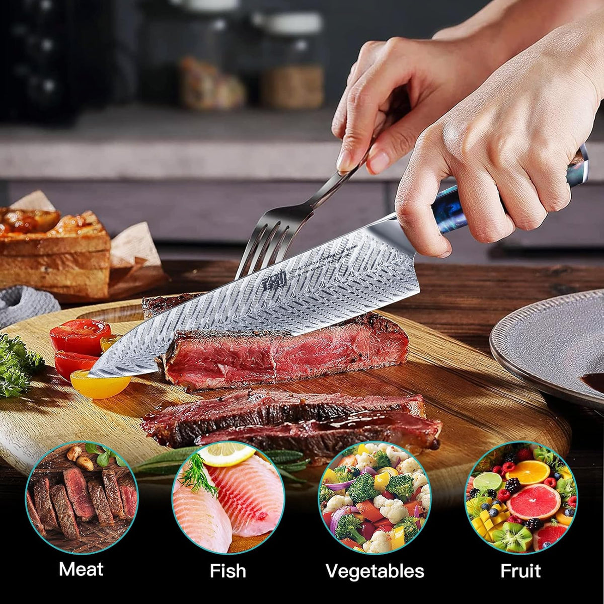 Nebula Series Chef Knife with ABS Sheath, Multipurpose Japanese Gyuto Knife, 10Cr15CoMov Damascus Steel Blade, Resin and Figured Sycamore wood Handle, Full Tang, 8 Inch, Blue, for Meat