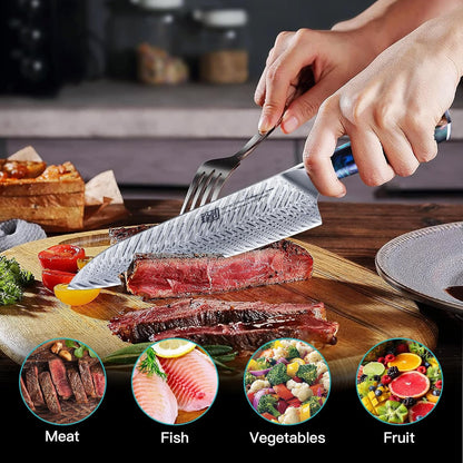 Nebula Series Chef Knife with ABS Sheath, Multipurpose Japanese Gyuto Knife, 10Cr15CoMov Damascus Steel Blade, Resin and Figured Sycamore wood Handle, Full Tang, 8 Inch, Blue, for Meat