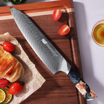 Nebula Series Chef Knife with ABS Sheath, Multipurpose Japanese Gyuto Knife, 10Cr15CoMov Damascus Steel Blade, Resin and Figured Sycamore wood Handle, Full Tang, 8 Inch, Blue, for Meat