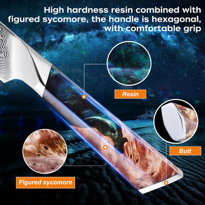 Nebula Series Chef Knife with ABS Sheath, Multipurpose Japanese Gyuto Knife, 10Cr15CoMov Damascus Steel Blade, Resin and Figured Sycamore wood Handle, Full Tang, 8 Inch, Blue, for Meat