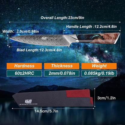 Nebula Series Chef Knife with ABS Sheath, Multipurpose Japanese Gyuto Knife, 10Cr15CoMov Damascus Steel Blade, Resin and Figured Sycamore wood Handle, Full Tang, 8 Inch, Blue, for Meat