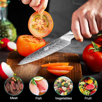 Nebula Series Chef Knife with ABS Sheath, Multipurpose Japanese Gyuto Knife, 10Cr15CoMov Damascus Steel Blade, Resin and Figured Sycamore wood Handle, Full Tang, 8 Inch, Blue, for Meat