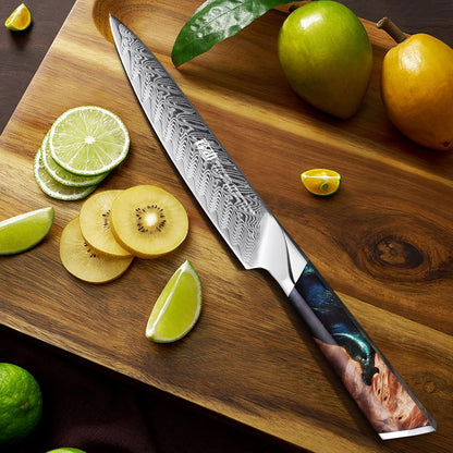 Nebula Series Chef Knife with ABS Sheath, Multipurpose Japanese Gyuto Knife, 10Cr15CoMov Damascus Steel Blade, Resin and Figured Sycamore wood Handle, Full Tang, 8 Inch, Blue, for Meat