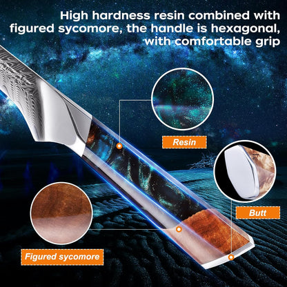 Nebula Series Chef Knife with ABS Sheath, Multipurpose Japanese Gyuto Knife, 10Cr15CoMov Damascus Steel Blade, Resin and Figured Sycamore wood Handle, Full Tang, 8 Inch, Blue, for Meat