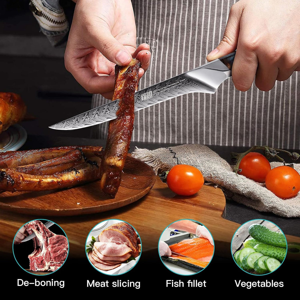 Nebula Series Chef Knife with ABS Sheath, Multipurpose Japanese Gyuto Knife, 10Cr15CoMov Damascus Steel Blade, Resin and Figured Sycamore wood Handle, Full Tang, 8 Inch, Blue, for Meat