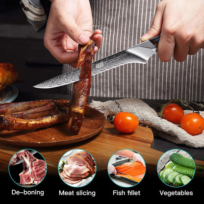 Nebula Series Chef Knife with ABS Sheath, Multipurpose Japanese Gyuto Knife, 10Cr15CoMov Damascus Steel Blade, Resin and Figured Sycamore wood Handle, Full Tang, 8 Inch, Blue, for Meat