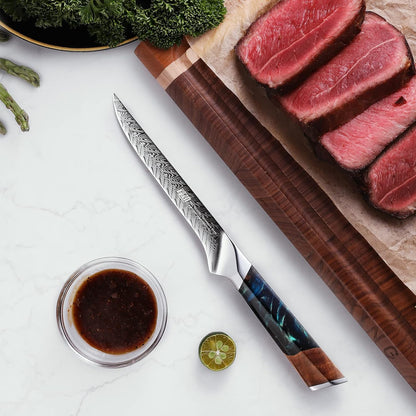 Nebula Series Chef Knife with ABS Sheath, Multipurpose Japanese Gyuto Knife, 10Cr15CoMov Damascus Steel Blade, Resin and Figured Sycamore wood Handle, Full Tang, 8 Inch, Blue, for Meat