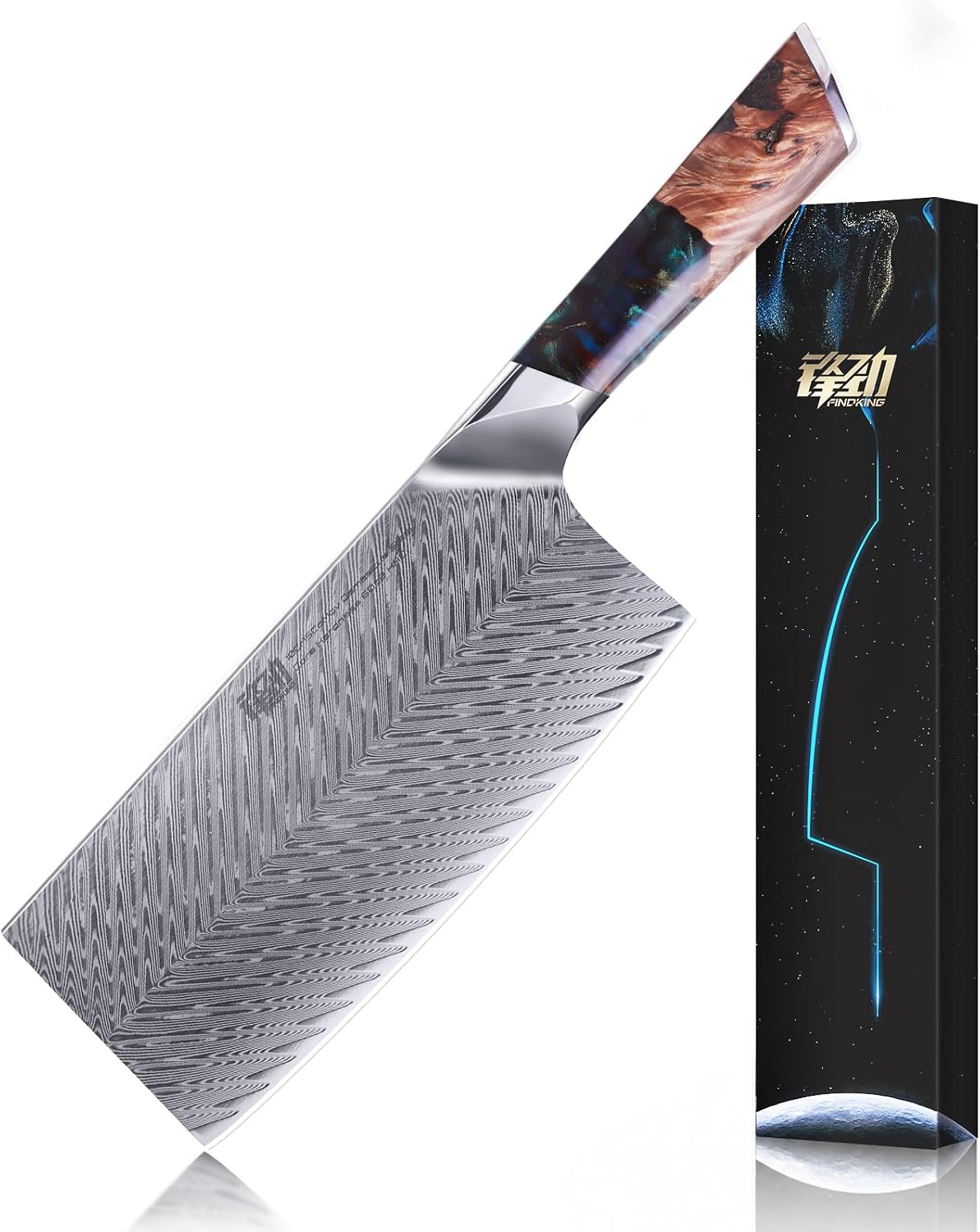 Nebula Series Chef Knife with ABS Sheath, Multipurpose Japanese Gyuto Knife, 10Cr15CoMov Damascus Steel Blade, Resin and Figured Sycamore wood Handle, Full Tang, 8 Inch, Blue, for Meat