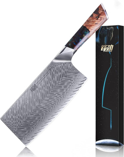 Nebula Series Chef Knife with ABS Sheath, Multipurpose Japanese Gyuto Knife, 10Cr15CoMov Damascus Steel Blade, Resin and Figured Sycamore wood Handle, Full Tang, 8 Inch, Blue, for Meat