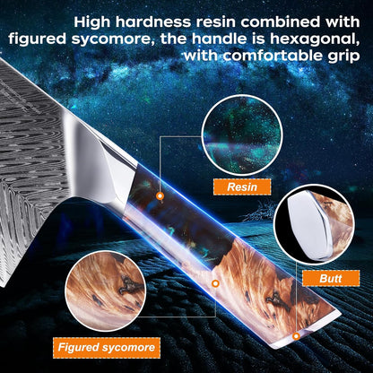 Nebula Series Chef Knife with ABS Sheath, Multipurpose Japanese Gyuto Knife, 10Cr15CoMov Damascus Steel Blade, Resin and Figured Sycamore wood Handle, Full Tang, 8 Inch, Blue, for Meat