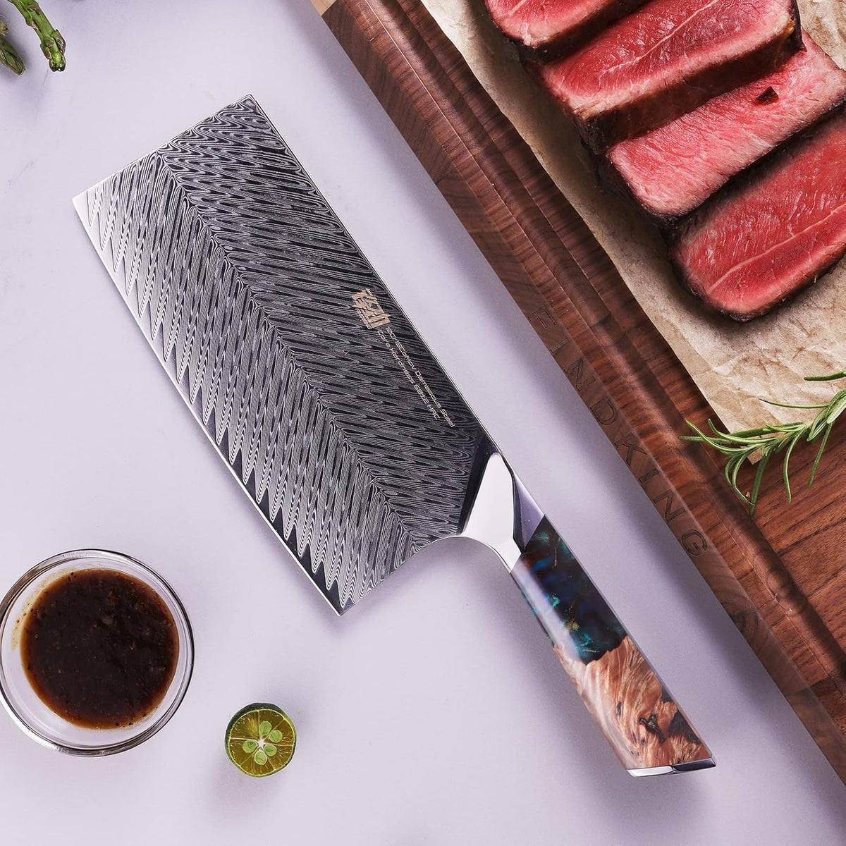 Nebula Series Chef Knife with ABS Sheath, Multipurpose Japanese Gyuto Knife, 10Cr15CoMov Damascus Steel Blade, Resin and Figured Sycamore wood Handle, Full Tang, 8 Inch, Blue, for Meat