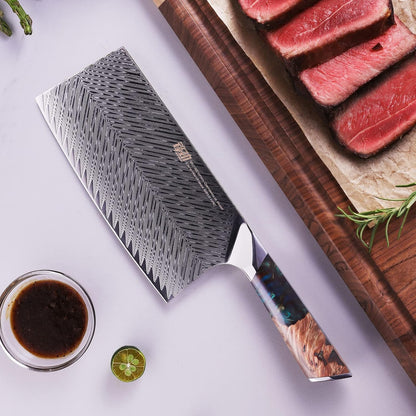 Nebula Series Chef Knife with ABS Sheath, Multipurpose Japanese Gyuto Knife, 10Cr15CoMov Damascus Steel Blade, Resin and Figured Sycamore wood Handle, Full Tang, 8 Inch, Blue, for Meat