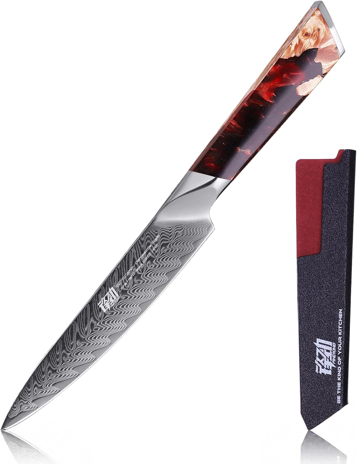 Nebula Series Chef Knife with ABS Sheath, Multipurpose Japanese Gyuto Knife, 10Cr15CoMov Damascus Steel Blade, Resin and Figured Sycamore wood Handle, Full Tang, 8 Inch, Blue, for Meat