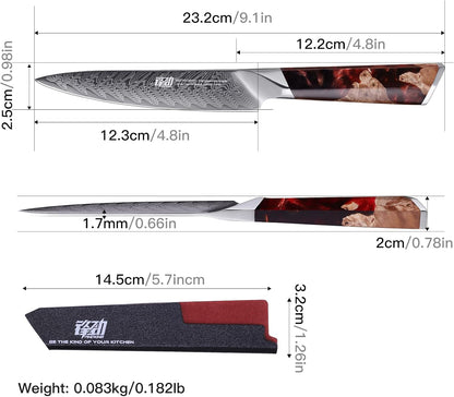 Nebula Series Chef Knife with ABS Sheath, Multipurpose Japanese Gyuto Knife, 10Cr15CoMov Damascus Steel Blade, Resin and Figured Sycamore wood Handle, Full Tang, 8 Inch, Blue, for Meat