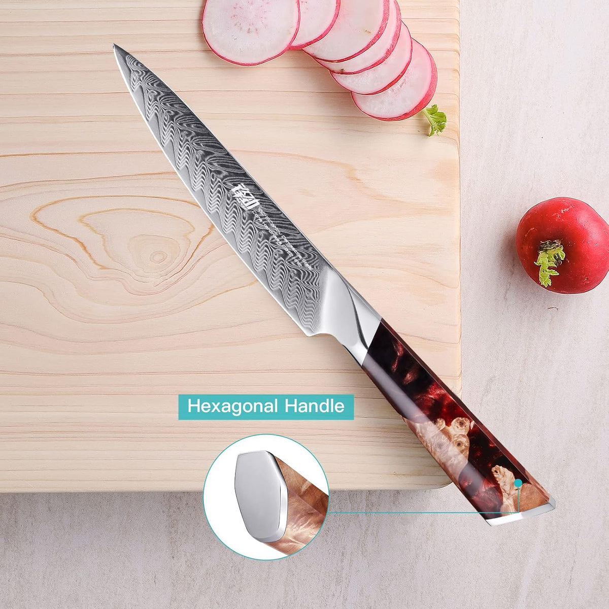 Nebula Series Chef Knife with ABS Sheath, Multipurpose Japanese Gyuto Knife, 10Cr15CoMov Damascus Steel Blade, Resin and Figured Sycamore wood Handle, Full Tang, 8 Inch, Blue, for Meat