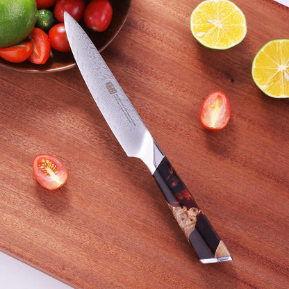 Nebula Series Chef Knife with ABS Sheath, Multipurpose Japanese Gyuto Knife, 10Cr15CoMov Damascus Steel Blade, Resin and Figured Sycamore wood Handle, Full Tang, 8 Inch, Blue, for Meat