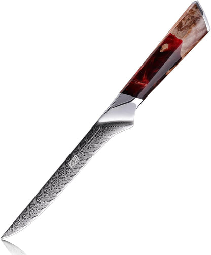 Nebula Series Chef Knife with ABS Sheath, Multipurpose Japanese Gyuto Knife, 10Cr15CoMov Damascus Steel Blade, Resin and Figured Sycamore wood Handle, Full Tang, 8 Inch, Blue, for Meat