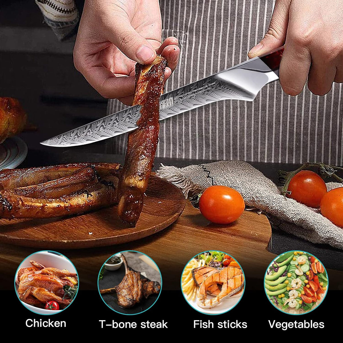 Nebula Series Chef Knife with ABS Sheath, Multipurpose Japanese Gyuto Knife, 10Cr15CoMov Damascus Steel Blade, Resin and Figured Sycamore wood Handle, Full Tang, 8 Inch, Blue, for Meat