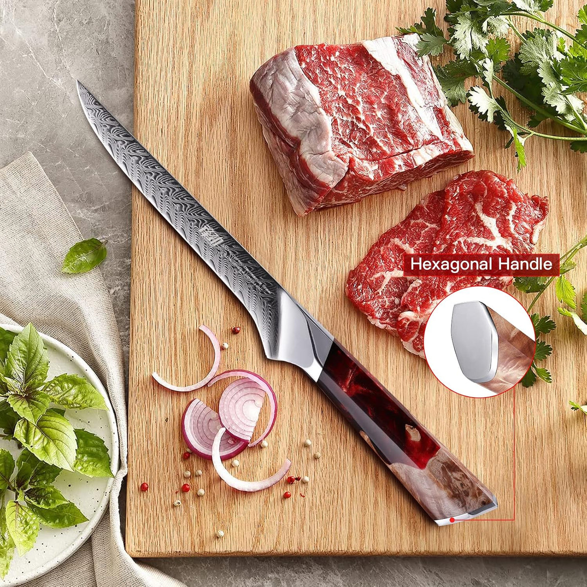 Nebula Series Chef Knife with ABS Sheath, Multipurpose Japanese Gyuto Knife, 10Cr15CoMov Damascus Steel Blade, Resin and Figured Sycamore wood Handle, Full Tang, 8 Inch, Blue, for Meat