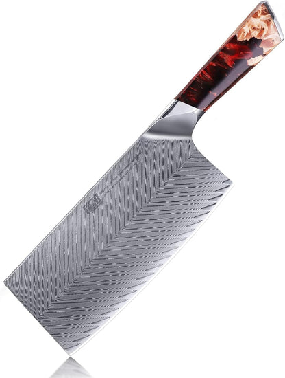 Nebula Series Chef Knife with ABS Sheath, Multipurpose Japanese Gyuto Knife, 10Cr15CoMov Damascus Steel Blade, Resin and Figured Sycamore wood Handle, Full Tang, 8 Inch, Blue, for Meat