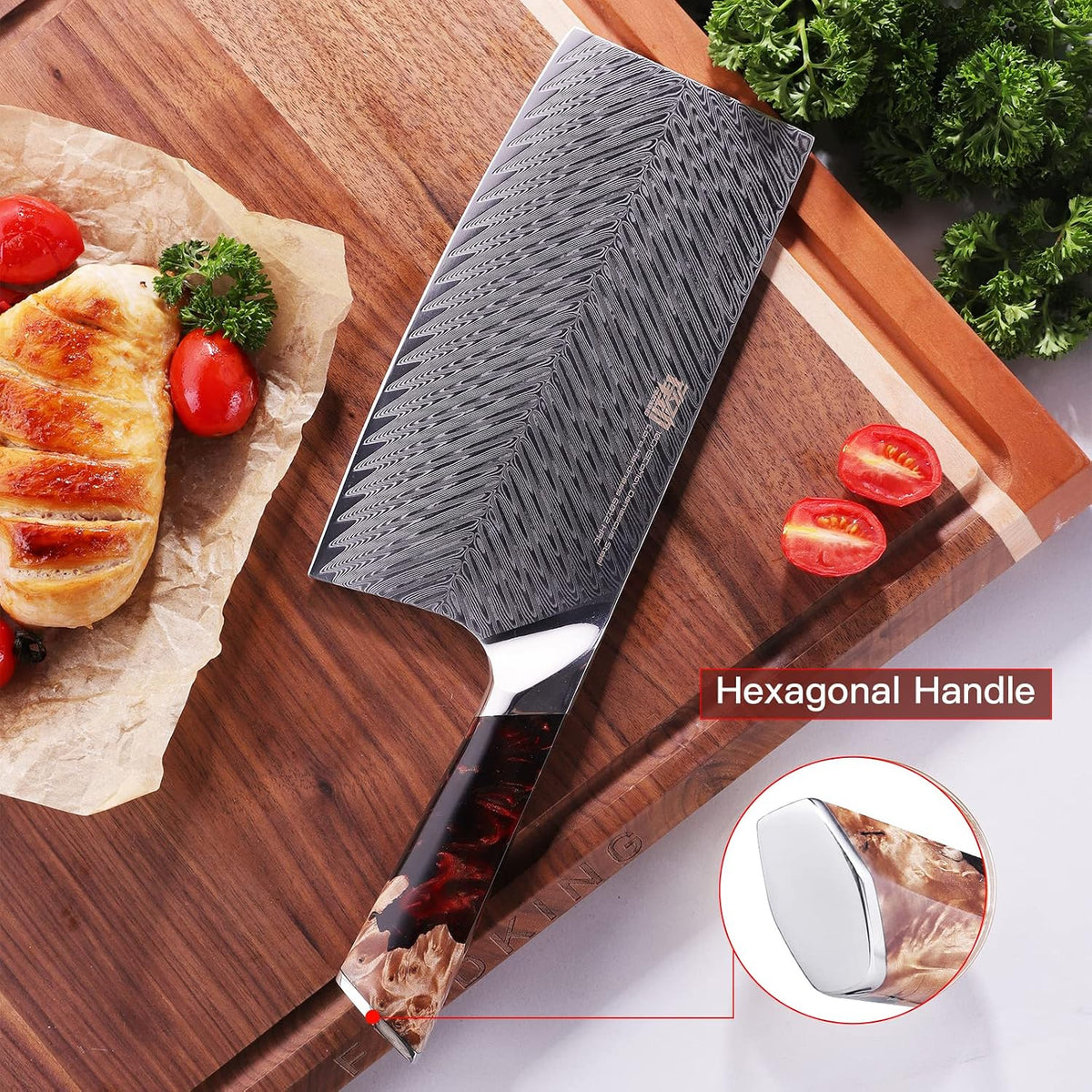 Nebula Series Chef Knife with ABS Sheath, Multipurpose Japanese Gyuto Knife, 10Cr15CoMov Damascus Steel Blade, Resin and Figured Sycamore wood Handle, Full Tang, 8 Inch, Blue, for Meat