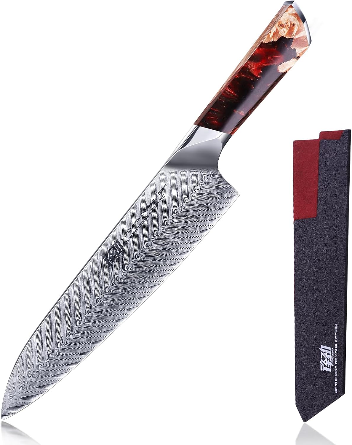 Nebula Series Chef Knife with ABS Sheath, Multipurpose Japanese Gyuto Knife, 10Cr15CoMov Damascus Steel Blade, Resin and Figured Sycamore wood Handle, Full Tang, 8 Inch, Blue, for Meat