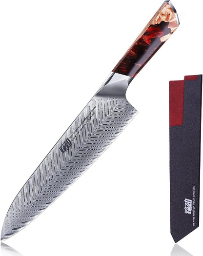 Nebula Series Chef Knife with ABS Sheath, Multipurpose Japanese Gyuto Knife, 10Cr15CoMov Damascus Steel Blade, Resin and Figured Sycamore wood Handle, Full Tang, 8 Inch, Blue, for Meat