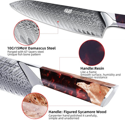 Nebula Series Chef Knife with ABS Sheath, Multipurpose Japanese Gyuto Knife, 10Cr15CoMov Damascus Steel Blade, Resin and Figured Sycamore wood Handle, Full Tang, 8 Inch, Blue, for Meat