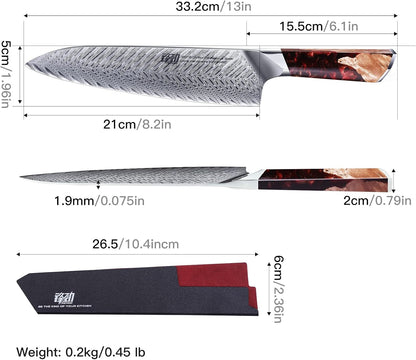 Nebula Series Chef Knife with ABS Sheath, Multipurpose Japanese Gyuto Knife, 10Cr15CoMov Damascus Steel Blade, Resin and Figured Sycamore wood Handle, Full Tang, 8 Inch, Blue, for Meat