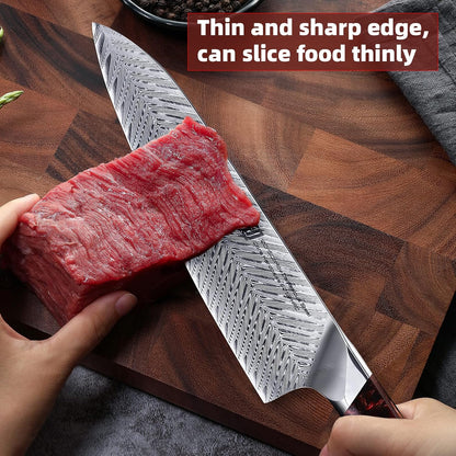 Nebula Series Chef Knife with ABS Sheath, Multipurpose Japanese Gyuto Knife, 10Cr15CoMov Damascus Steel Blade, Resin and Figured Sycamore wood Handle, Full Tang, 8 Inch, Blue, for Meat