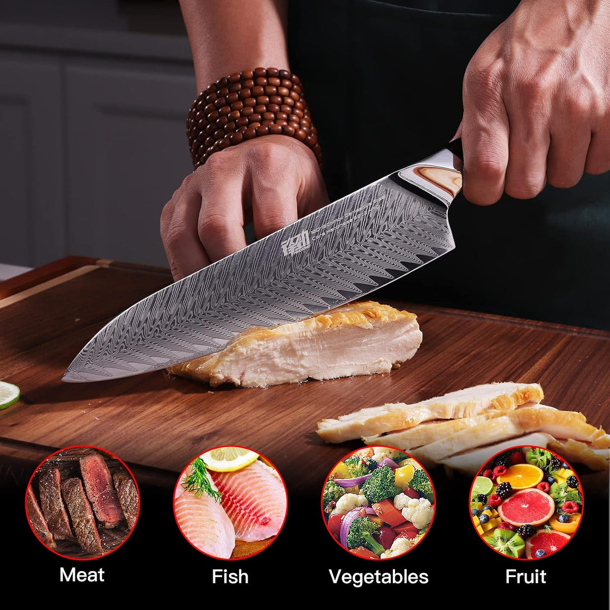 Nebula Series Chef Knife with ABS Sheath, Multipurpose Japanese Gyuto Knife, 10Cr15CoMov Damascus Steel Blade, Resin and Figured Sycamore wood Handle, Full Tang, 8 Inch, Blue, for Meat