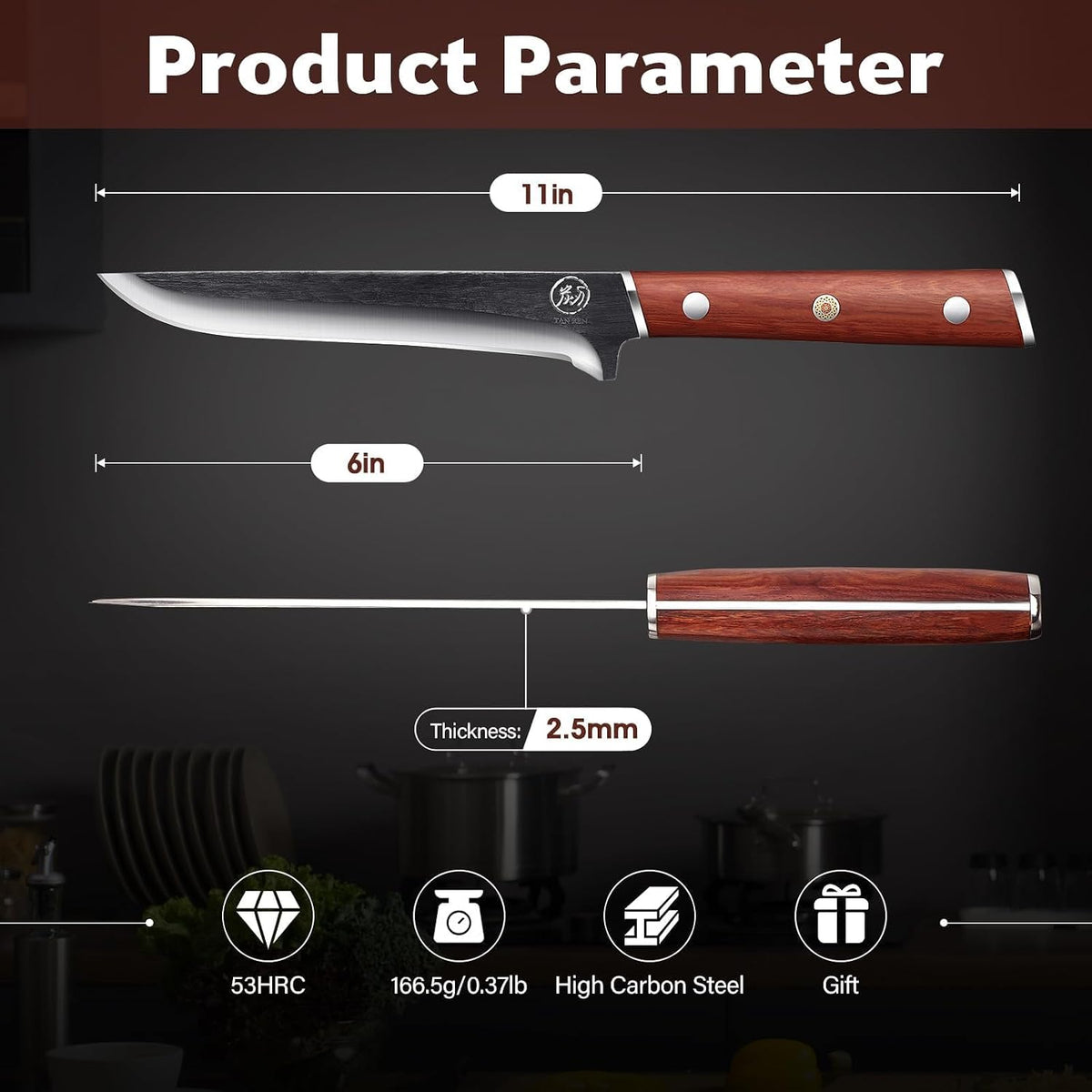 TAN REN 6 Inch Boning Knife High Carbon Steel Deboning Knife for Butchering