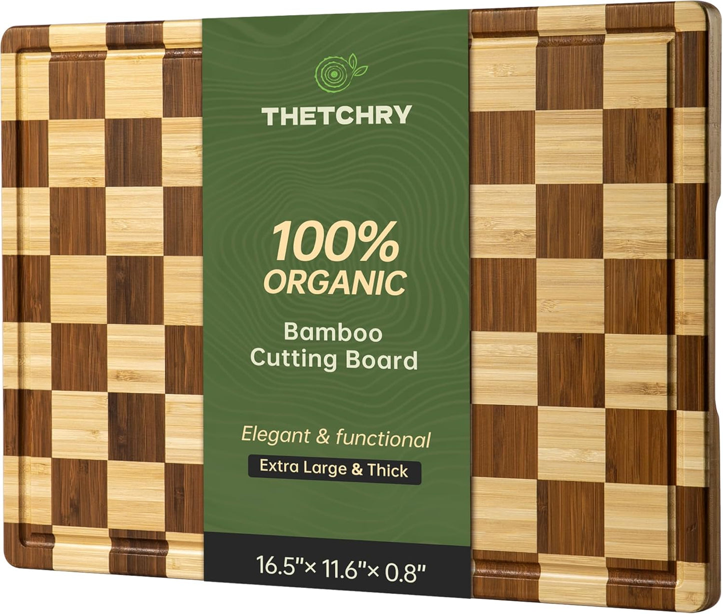 Bamboo Cutting Boards for Kitchen, Checkered Wooden Cutting Board with Juice Groove, Non Slip, Non Toxic Serving Tray, Thick Large Chopping Board Gift for Home Chef, 16.5” x 11.6” x 0.8”