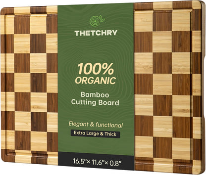 Bamboo Cutting Boards for Kitchen, Checkered Wooden Cutting Board with Juice Groove, Non Slip, Non Toxic Serving Tray, Thick Large Chopping Board Gift for Home Chef, 16.5” x 11.6” x 0.8”