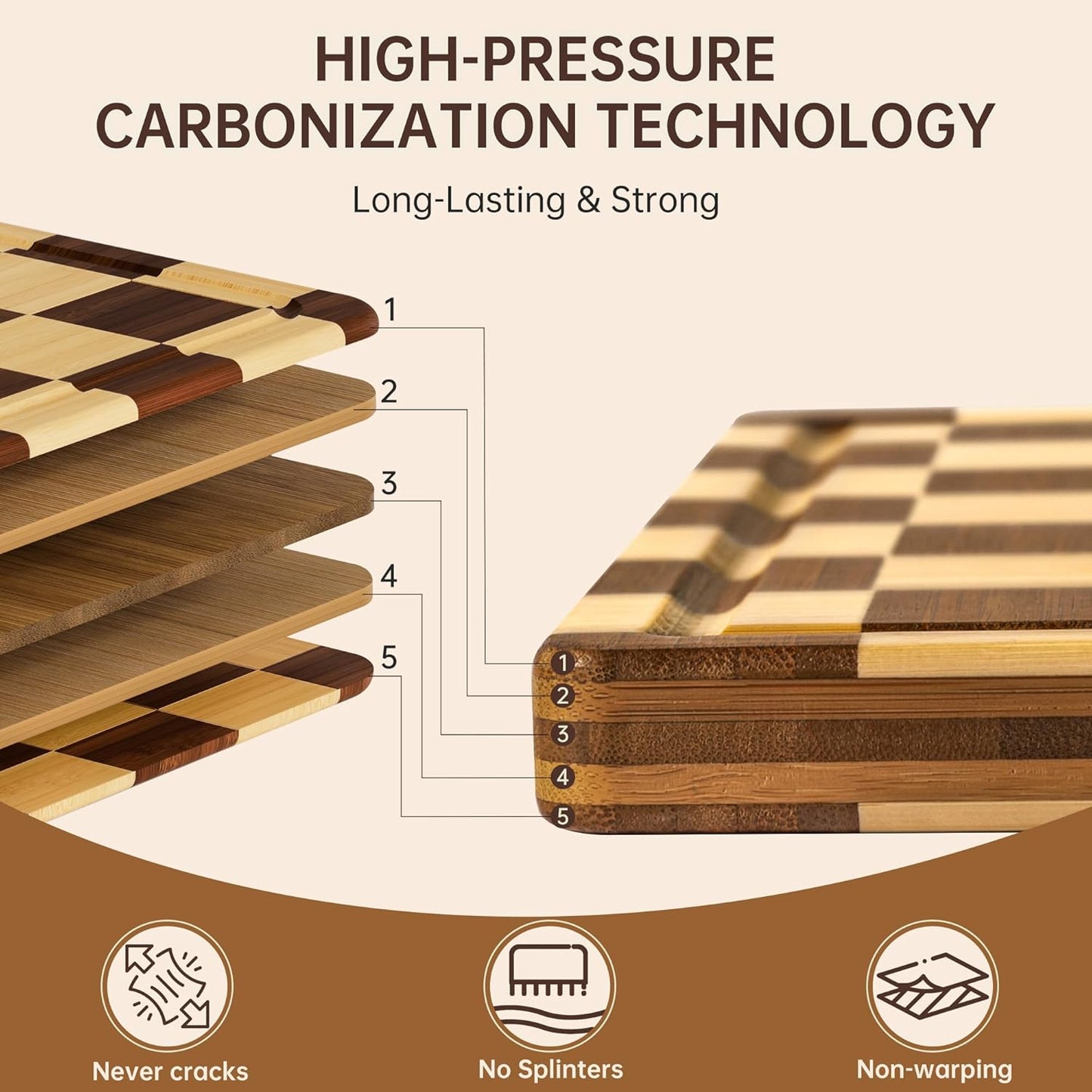 Bamboo Cutting Boards for Kitchen, Checkered Wooden Cutting Board with Juice Groove, Non Slip, Non Toxic Serving Tray, Thick Large Chopping Board Gift for Home Chef, 16.5” x 11.6” x 0.8”