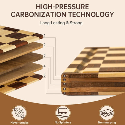 Bamboo Cutting Boards for Kitchen, Checkered Wooden Cutting Board with Juice Groove, Non Slip, Non Toxic Serving Tray, Thick Large Chopping Board Gift for Home Chef, 16.5” x 11.6” x 0.8”