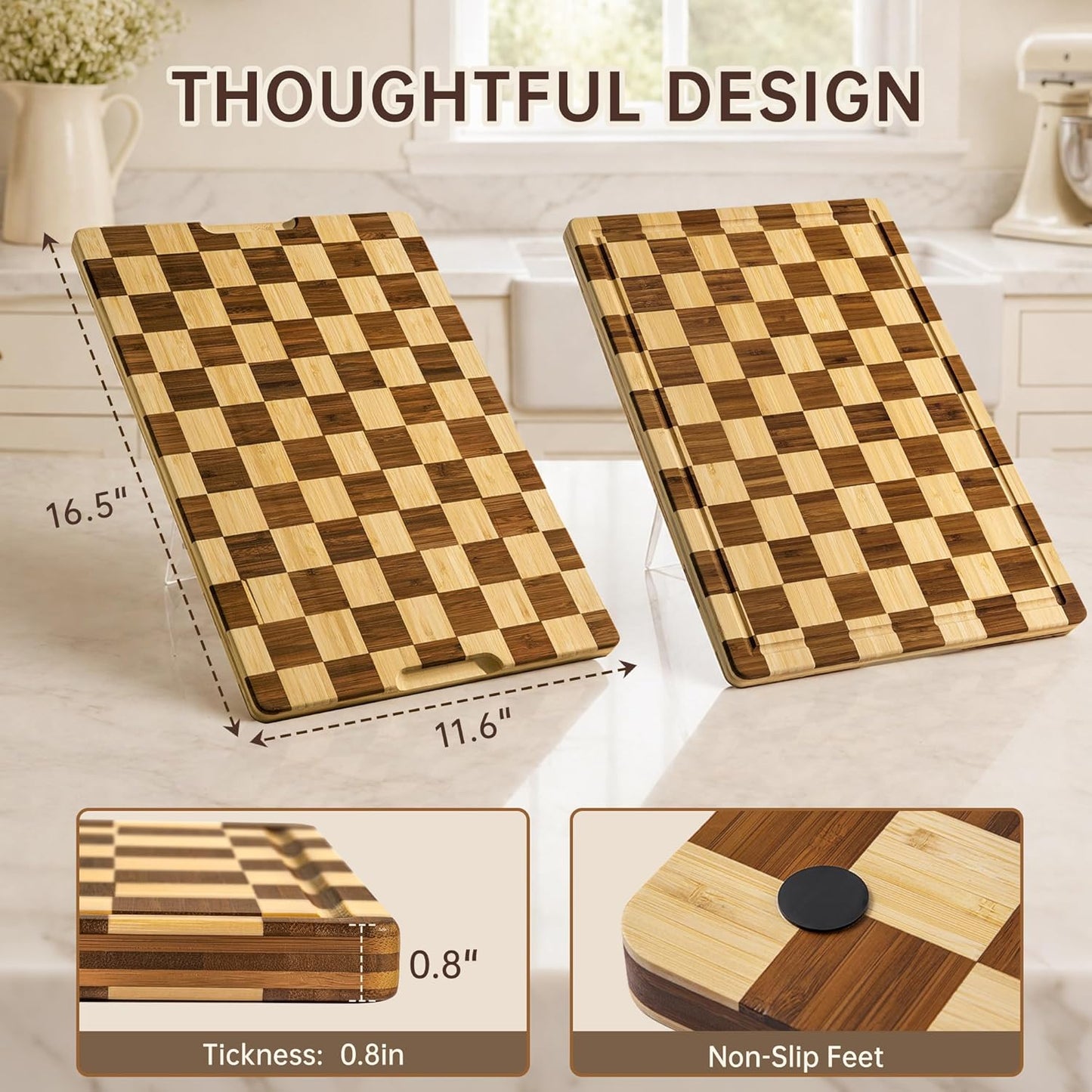 Bamboo Cutting Boards for Kitchen, Checkered Wooden Cutting Board with Juice Groove, Non Slip, Non Toxic Serving Tray, Thick Large Chopping Board Gift for Home Chef, 16.5” x 11.6” x 0.8”