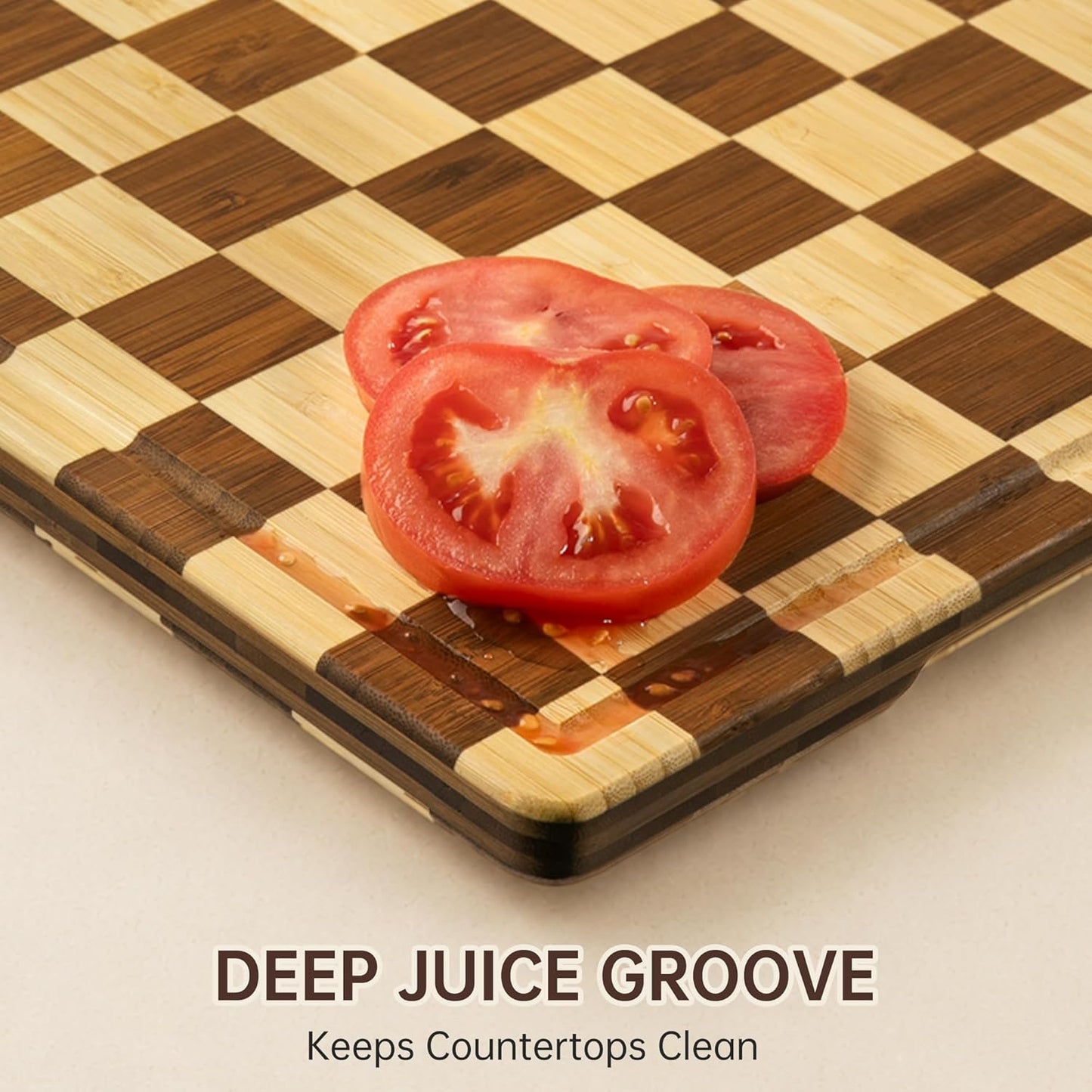 Bamboo Cutting Boards for Kitchen, Checkered Wooden Cutting Board with Juice Groove, Non Slip, Non Toxic Serving Tray, Thick Large Chopping Board Gift for Home Chef, 16.5” x 11.6” x 0.8”