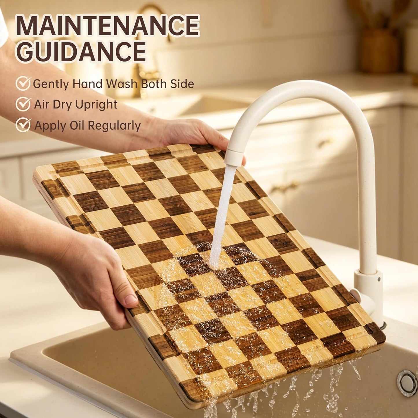 Bamboo Cutting Boards for Kitchen, Checkered Wooden Cutting Board with Juice Groove, Non Slip, Non Toxic Serving Tray, Thick Large Chopping Board Gift for Home Chef, 16.5” x 11.6” x 0.8”