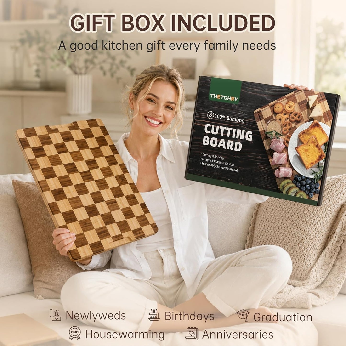Bamboo Cutting Boards for Kitchen, Checkered Wooden Cutting Board with Juice Groove, Non Slip, Non Toxic Serving Tray, Thick Large Chopping Board Gift for Home Chef, 16.5” x 11.6” x 0.8”