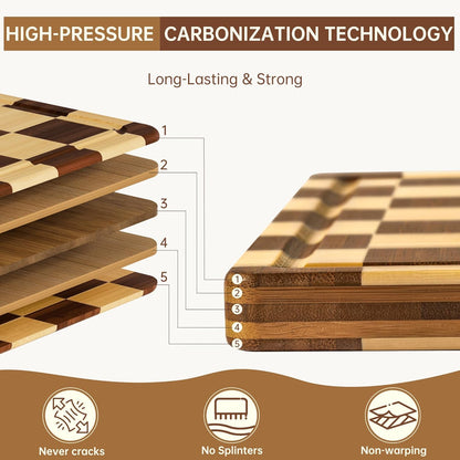 Bamboo Cutting Boards for Kitchen, Checkered Wooden Cutting Board with Juice Groove, Non Slip, Non Toxic Serving Tray, Thick Large Chopping Board Gift for Home Chef, 16.5” x 11.6” x 0.8”