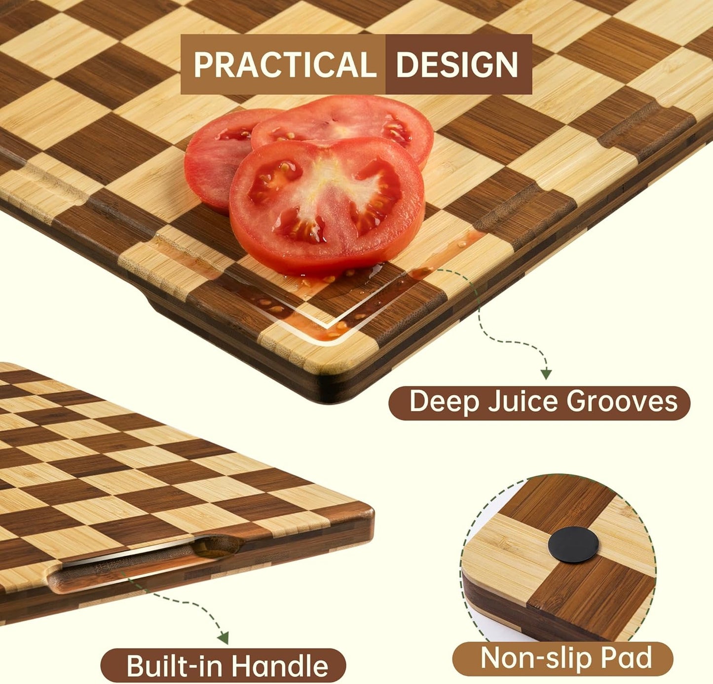 Bamboo Cutting Boards for Kitchen, Checkered Wooden Cutting Board with Juice Groove, Non Slip, Non Toxic Serving Tray, Thick Large Chopping Board Gift for Home Chef, 16.5” x 11.6” x 0.8”