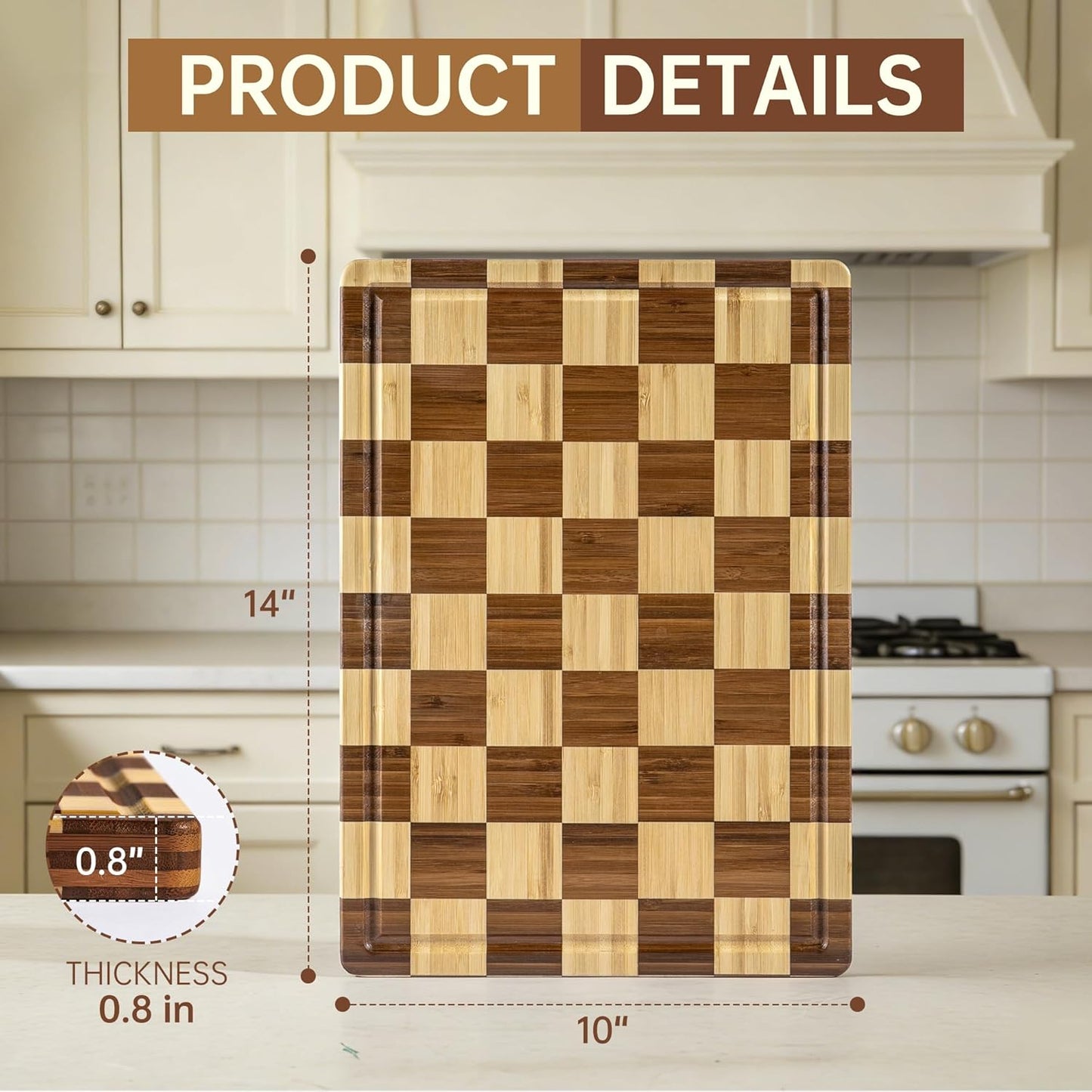 Bamboo Cutting Boards for Kitchen, Checkered Wooden Cutting Board with Juice Groove, Non Slip, Non Toxic Serving Tray, Thick Large Chopping Board Gift for Home Chef, 16.5” x 11.6” x 0.8”