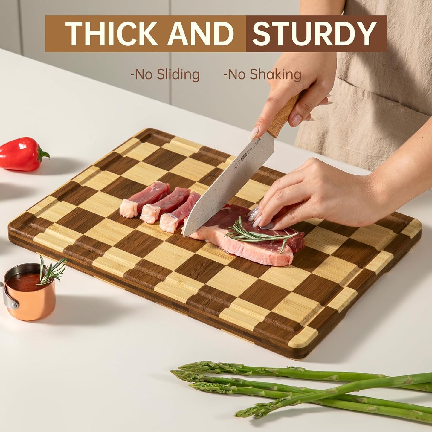 Bamboo Cutting Boards for Kitchen, Checkered Wooden Cutting Board with Juice Groove, Non Slip, Non Toxic Serving Tray, Thick Large Chopping Board Gift for Home Chef, 16.5” x 11.6” x 0.8”