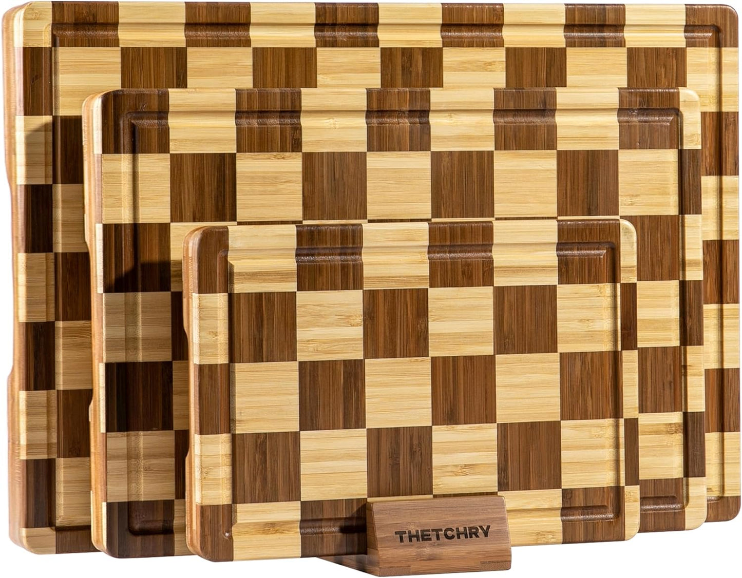 Bamboo Cutting Boards for Kitchen, Checkered Wooden Cutting Board with Juice Groove, Non Slip, Non Toxic Serving Tray, Thick Large Chopping Board Gift for Home Chef, 16.5” x 11.6” x 0.8”