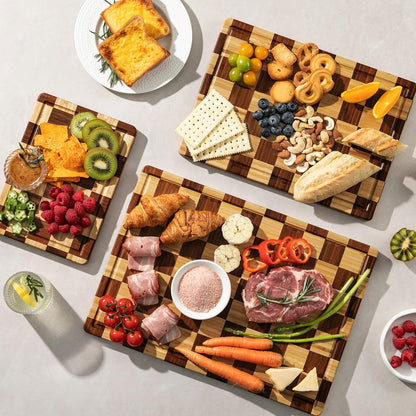 Bamboo Cutting Boards for Kitchen, Checkered Wooden Cutting Board with Juice Groove, Non Slip, Non Toxic Serving Tray, Thick Large Chopping Board Gift for Home Chef, 16.5” x 11.6” x 0.8”