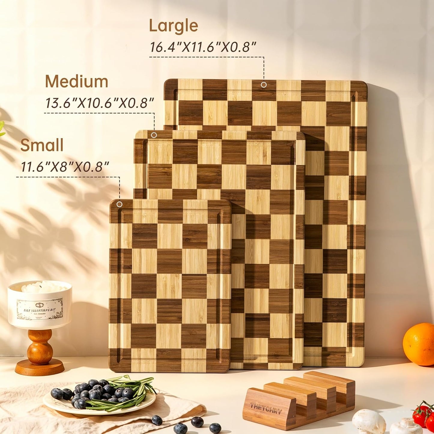 Bamboo Cutting Boards for Kitchen, Checkered Wooden Cutting Board with Juice Groove, Non Slip, Non Toxic Serving Tray, Thick Large Chopping Board Gift for Home Chef, 16.5” x 11.6” x 0.8”
